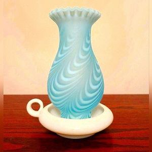 RARE, HTF, EUC FENTON Blue Satin Swirled Feather Hurricane Lamp